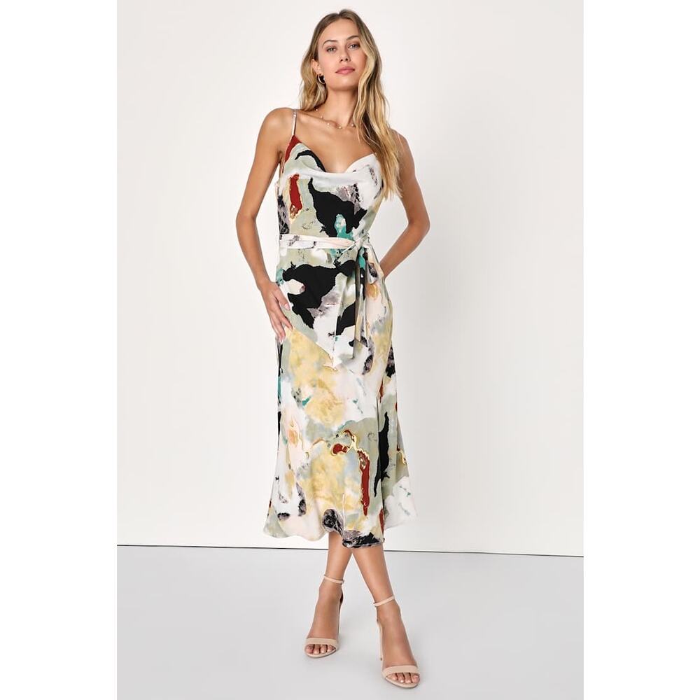NWT Lulus Inspired Aura White Multi Abstract Print Cowl Midi Dress Gala Size S